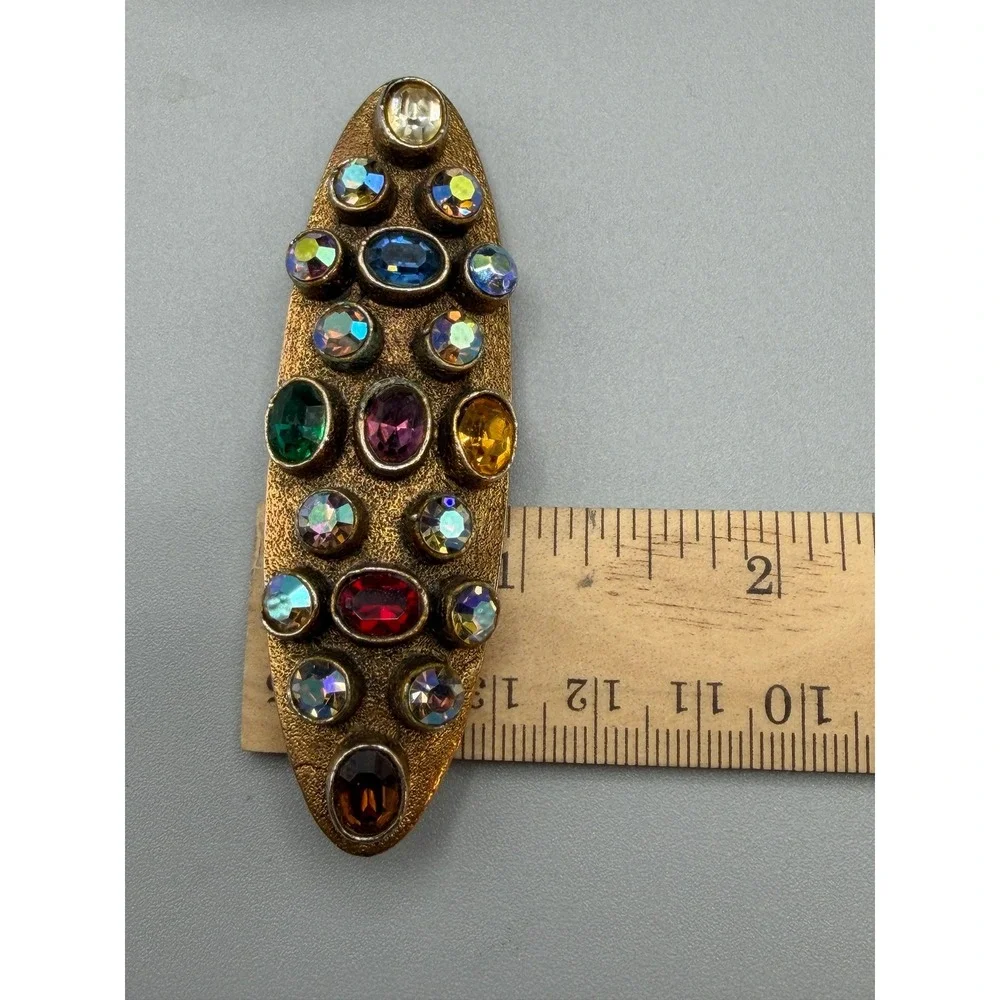 Vintage Art Deco Style Brooch 1950s Multi Color Rhinestones Gold Tone #1057